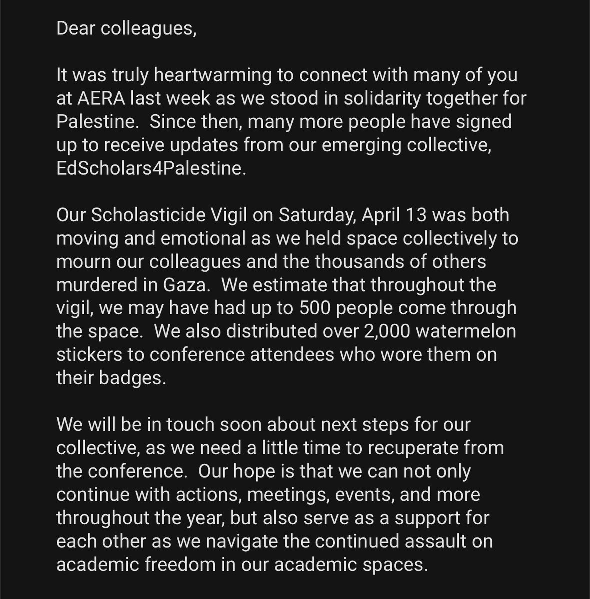 We want to thank everyone who helped organize, read poems, &amp; lead chants (among other things) during the Scholasticide Vigil <a href="/AERA_EdResearch/">AERA</a>. If you're interested in doing something similar at your conference, check out our Link Tree and/or contact us. 
linktr.ee/edscholars4pal…