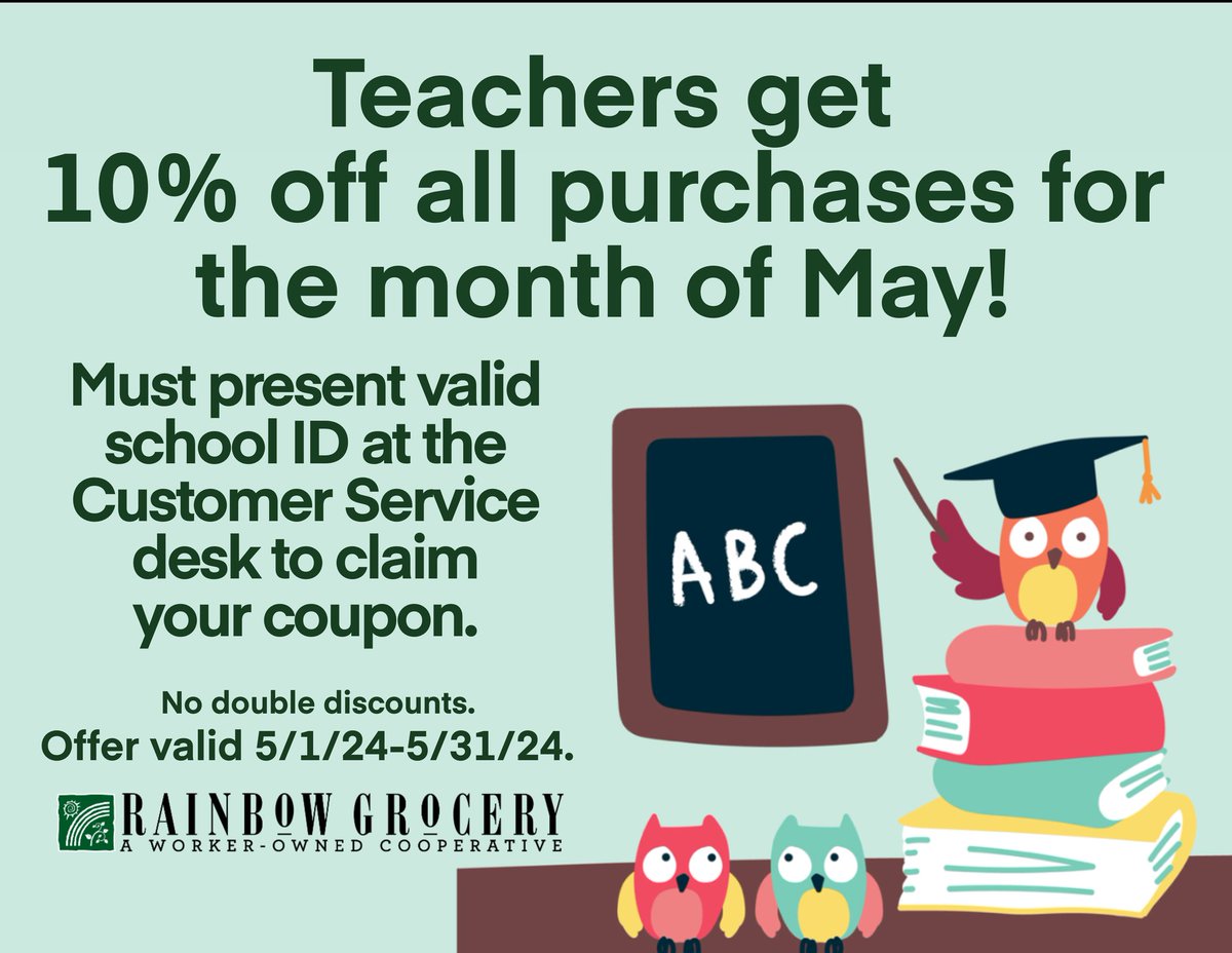 Rainbow will be extending a discount to school teachers—Pre-K through college—all month long! We wish we could do more. So we hope, if nothing else, this discount shows how grateful we are for our community educators and a reminder of how much we owe them! 🌈♥️👨‍🏫👩‍🏫