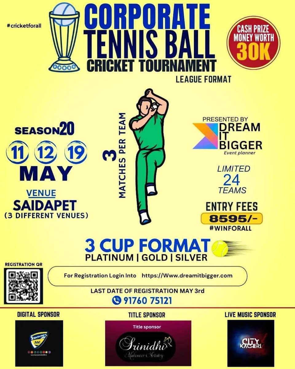 Dreamitbiggerevent presents #Corporate Tennis Ball #Cricket #Tournament Season 20. The tournament to be held on 11th, 12th & 19th May 2024. Held at Saidapet, #Chennai. @tournaments_360 @dreamitbigger @CricHeroes @Cricketinindia