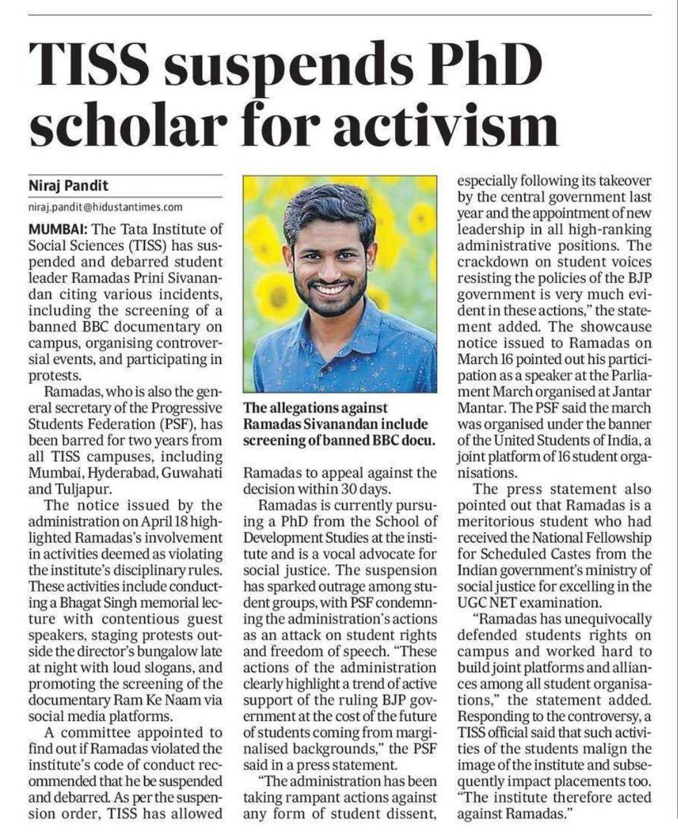 Ramadas Prini Sivanadan, a Dalit PhD scholar at TISS Mumbai, has been suspended for two years by the administration for participating in protests and for promoting the screening of ‘BBC documentary’ and ‘Ram ke Naam’. A new India that is afraid of the voices of our students.