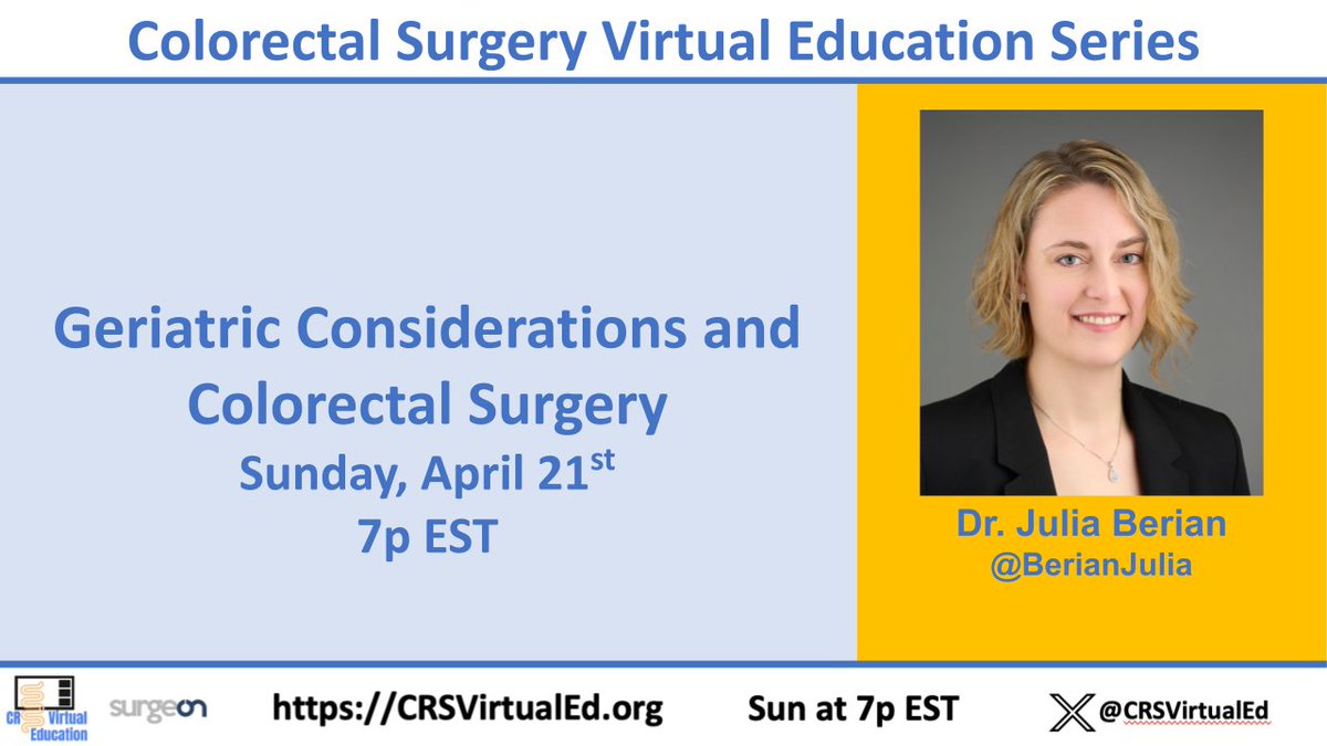 We are very excited to have Dr. Julia Berian join us this Sunday, April 21st to talk about Geriatric Considerations and Colorectal Surgery. @BerianJulia @ASCRS_1 @surgeonapp1 @MarkSoliman @juliomayol @annaspivs