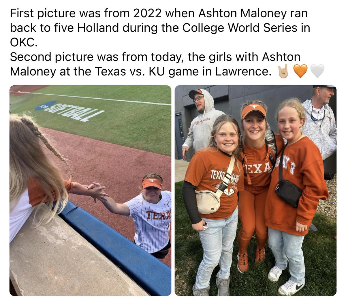 Aaron (@hornsup1023) on Twitter photo Holland was devastated we missed the whole team giving fives at that CWS game. She was hurt but still came back to get her a five. Now she’s an every day starter and still took time for our girls. Our family will be a fan of UT and Ashton for life. Hook em! <a href="/ashton_maloney/">Ashton Maloney</a> Holland was devastated we missed the whole team giving fives at that CWS game. She was hurt but still came back to get her a five. Now she’s an every day starter and still took time for our girls. Our family will be a fan of UT and Ashton for life. Hook em! <a href="/ashton_maloney/">Ashton Maloney</a>