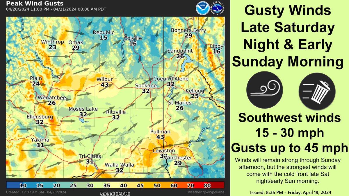 A cold front will move through the region late Saturday night and early Sunday morning bringing windy conditions to the region. The strongest winds will occur with the cold front passage, but winds will remain strong through Sunday afternoon. #wawx #idwx