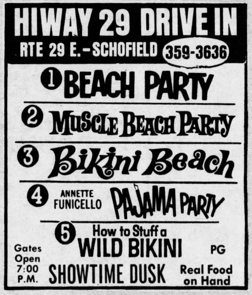50 years ago tonight, on Friday, April 19, 1974, the Hiway 29 Drive-In in Schofield, Wisconsin, showed not one, not two, not three, not four, but FIVE beach movies. Surf's up, kids! Good thing there was real food on hand.