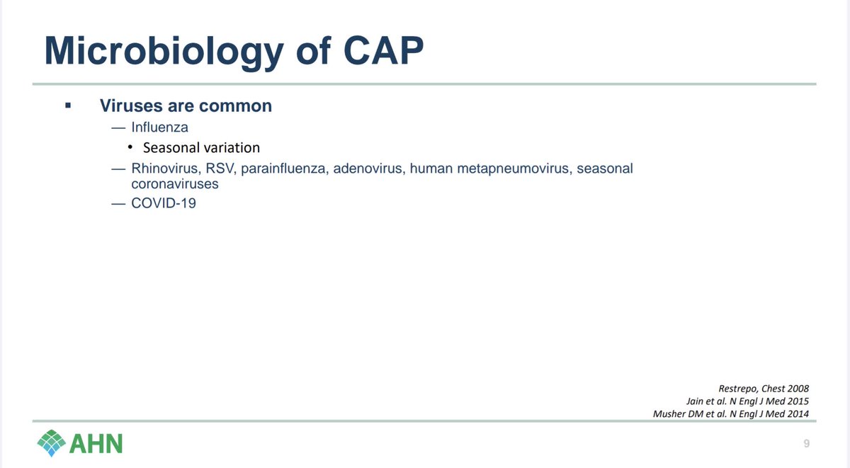 First up, quick definition: ➡️ Since HCAP is now dead, CAP is basically all pneumonia acquired outside of a hospital. Lots of stuff can cause CAP, but viruses cause a LOT. Any virus that can cause an upper respiratory infection can also cause pneumonia. #SHEASpring2024 2/