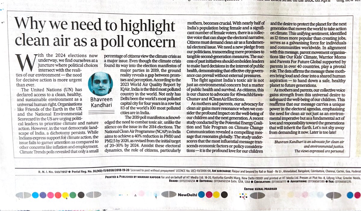 A powerful oped in @htTweets by @BhavreenMK; “As mothers & parents, our collective voice gains strength from this universal desire to safeguard well-being of our children. This reaffirms that our message carries a unique power in the electoral agendas….” #CleanAirElections
