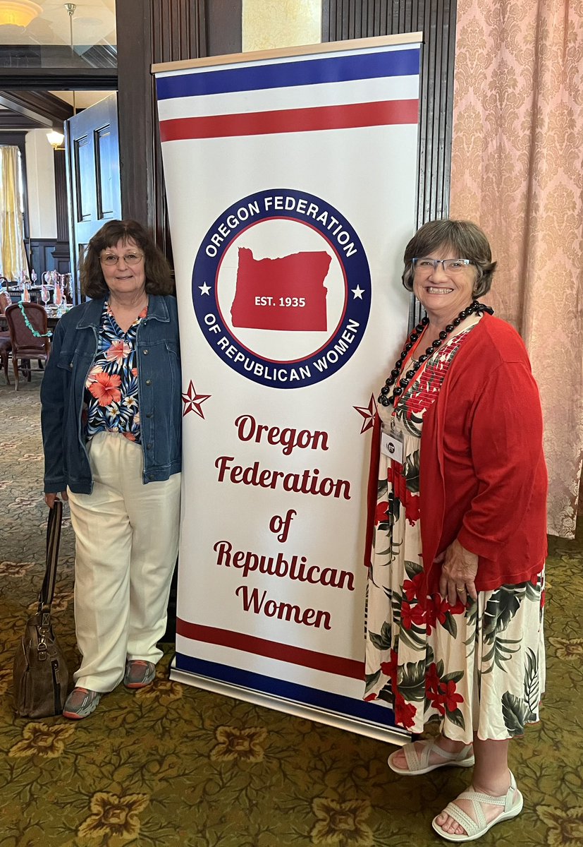 KerryMcQ4Oregon's tweet photo. Let me brag for a sec about the effectiveness and camaraderie in our Republican women’s clubs! So happy to welcome the Oregon Federation of Republican Women #OFRW to Baker City tonight for the Spring Board Meeting. We had a Hawaiian-themed dinner tonight at the @GeiserGrand. Tomorrow we continue with our Baker County Republican Women’s #BCRW annual banquet. We’re so lucky to have the new @NFRW president, Julie Harris, with us for these events. We have clubs from all over the state here. Just some really neat ladies. Smart. Kind. Feisty. And conservative!!! #orpol #BakerCity