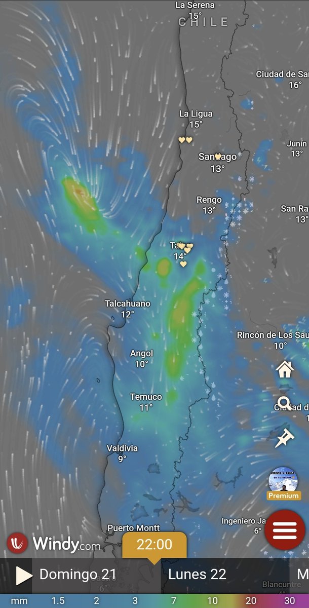 Precipitaciones desde Maule al sur. Este domingo se esperan 🌧 desde Biobío al sur, alcanzando hasta Maule por la tarde-noche. Se extenderá hasta el lunes. Chubascos en la cordillera central y nubes en resto del tramo. Montos entre 2-25 mm.