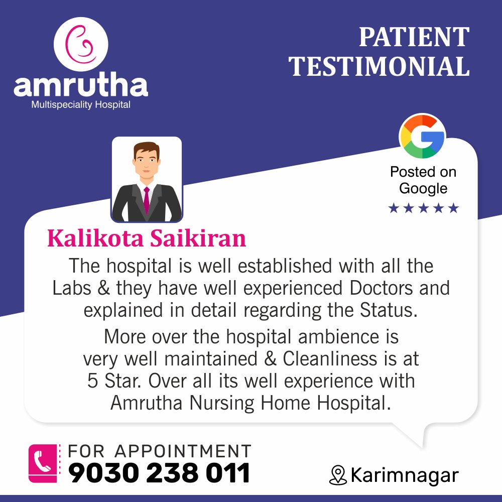 Thank you, Kalikota Saikiran Garu for taking the time to review us.
Book your Appointment: 9030 238 011

#AmruthaHospital #AmruthaMultispecialityHospital #Karimnagar #PatientTestimonial #HappyPatient #PatientReview #DrRaamReddy #DrGeethaReddy #GeneralMedicine #Pediatrics