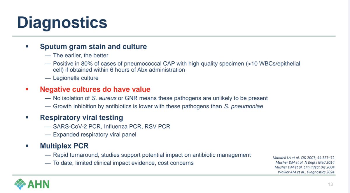 Sputum cultures - underdone. Make efforts to get them and get them early. Think induced sputum in the ED with 7% hypertonic saline. Neg cultures have value. If no MRSA/PsA grow, they're not there. Viral options and multiplex PCR ($$$) highlighted below. #SHEASpring2024 6/