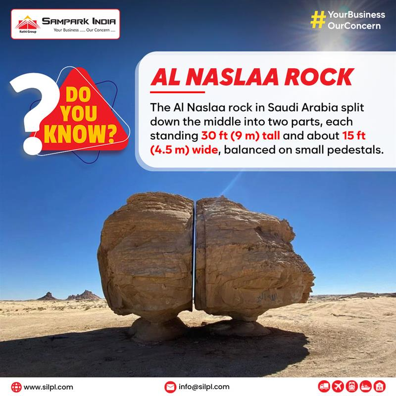 #DoYouKnow Al Naslaa rock in #SaudiArabia, split down the middle into two perfectly balanced parts! Each standing 30 ft (9 m) tall and about 15 ft (4.5 m) wide.

 #alnaslaarock #saudiarabia #tayma #nature #naturewonder #splitrock #samparkindialogistics #rathigroup #vocalforlocal