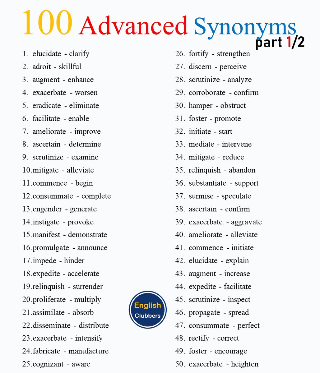 englishclubber's tweet photo. 100 advanced synonyms in English | part 1/2 https://t.co/mN89y94EGO