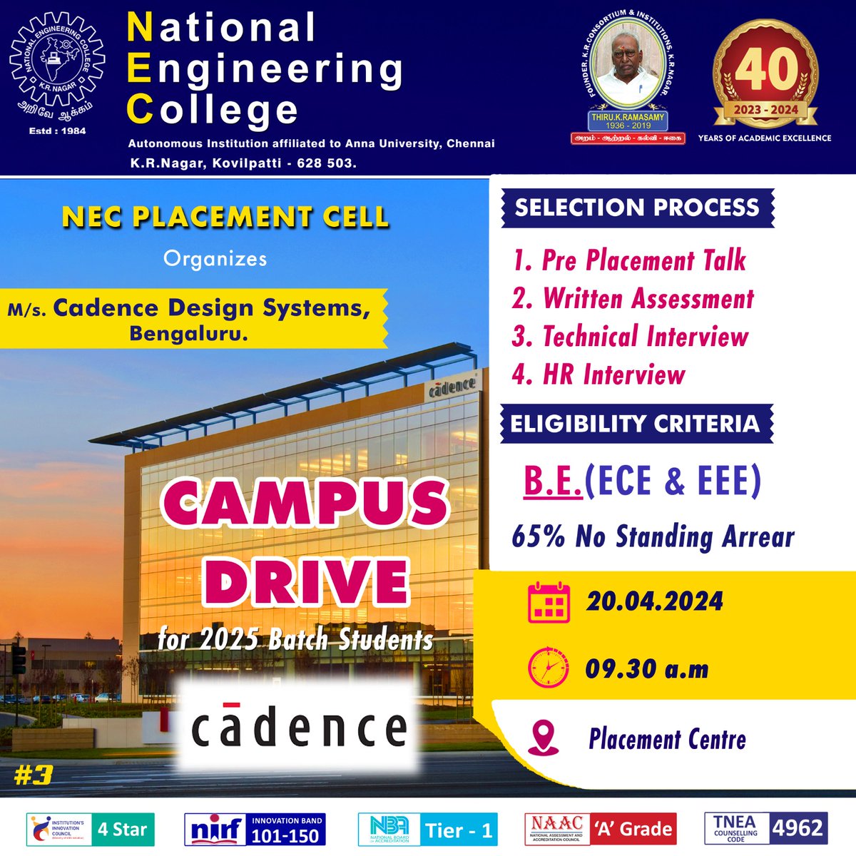 All the best students...!💐💐💐
@NECKVP
#ThinkEEEthinkNEC #necplacement #NECAlumni #Nationalengineeringcollege #engineeringcollege #kovilpatti #tuticorin #tirunelveli #kanyakumari #virudhunagar #madurai #chennai  #tamilnadu #placement2025 #placement #cadence