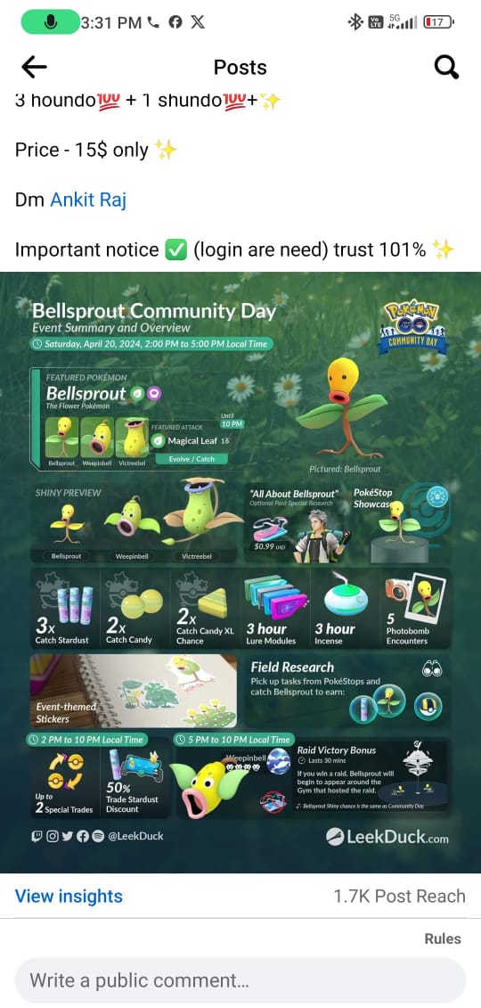 KIRITOBISWAS's tweet image. 4000+ Bellsprout candy 🍬✨

Dm to @KIRITOBISWAS

40+ shiny Bellsprout ✨✨

600000+ xp  ✨✨

210000+ Stardust ✨

3 houndo💯 + 1 shundo💯+✨

Price - 10$ only ✨

Dm @KIRITOBISWAS

Important notice ✅ (login are need) trust 101% ✨