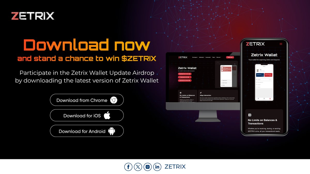 💰 Zetrix Wallet Update #AIRDROP 💰 1️⃣ Download Zetrix Wallet zetrix.com/zetrix-wallet 2️⃣ Follow @zetrix_official 3️⃣ Retweet this post and tag 3 friends 📅 20-30 Apr 2024 🎁 50 lucky winners will be selected, each receiving 1 $ZETRIX.