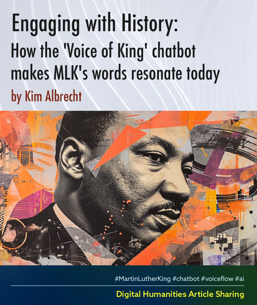 Sharing a fun project that combines the repository of Dr. King's speeches and writings with GAI chatbot! ✊🏾🤖

--
[𝗮𝗿𝘁𝗶𝗰𝗹𝗲 𝘀𝗵𝗮𝗿𝗶𝗻𝗴✨] 🔖

by Tarik Moody
linkedin.com/pulse/engaging…

#digitalHumanities #GAI #chatbot #MartinLutherKing