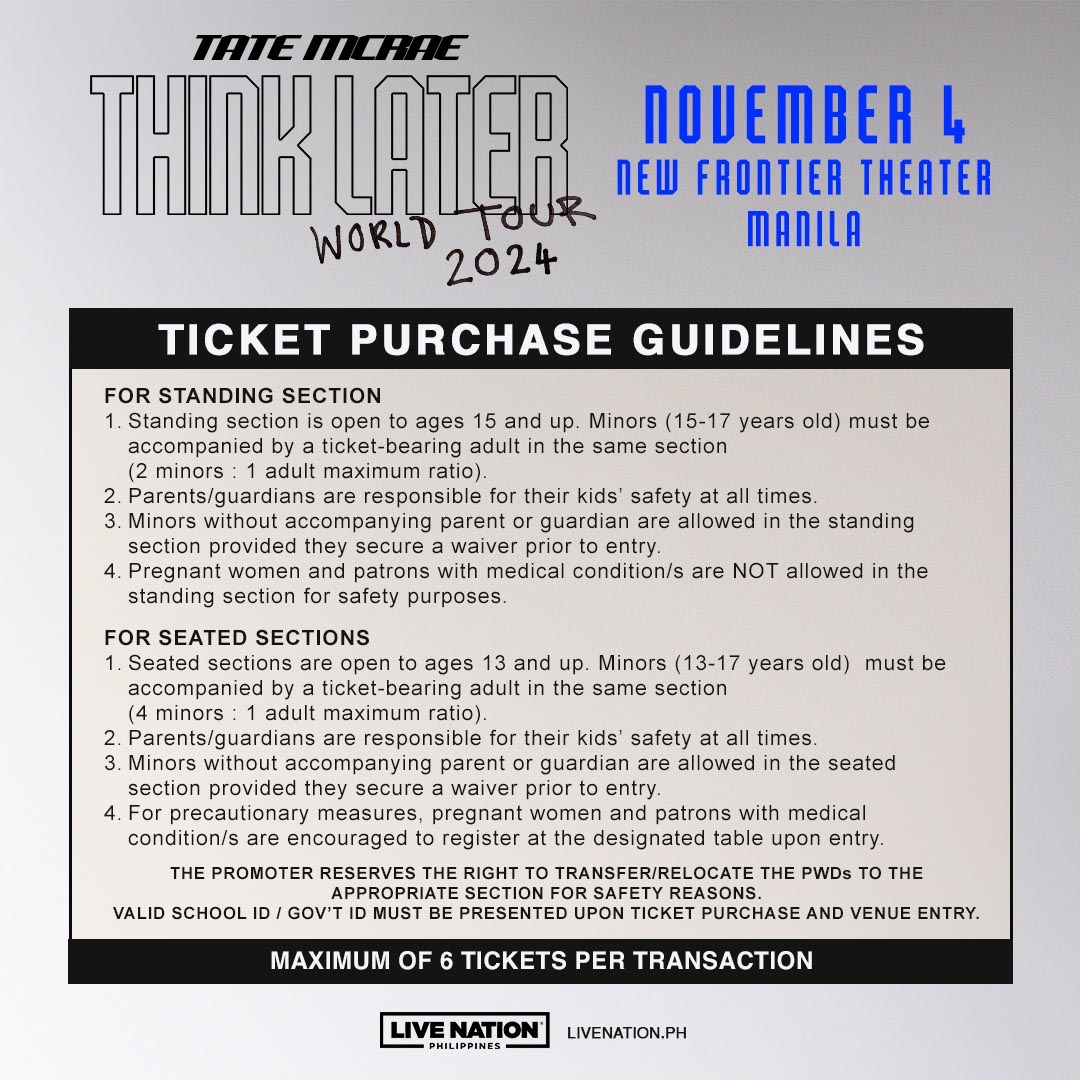 Tater-Tots, ICYMI, Tate McRae is coming to Manila 😍 Save the date! 📆November 4, 2024 📍New Frontier Theater Mastercard Presale: April 26 (10AM) - 28 (10AM) LNPH Presale: April 29, 10AM - 11:59PM General Onsale: April 30, 12PM ℹ️livenation.ph. #TateMcRaeInManila