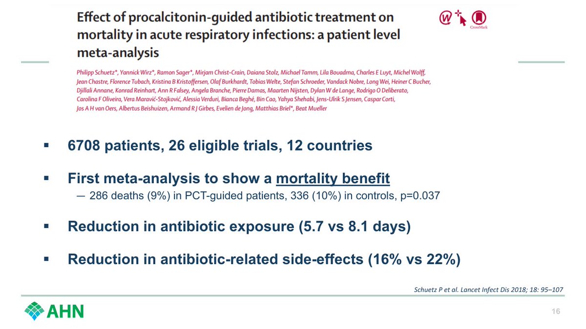 Let's talk about procalcitonin.

It's a biomarker that, when negative, suggests safe to stop/not give abx.

Meta-analysis below of 26 RCTs: PCT-guided = less abx, less adverse effects, less mortality.

Guess how many RCTs the CAP guidelines cite?

0 🤔

#SHEASpring2024 

7/