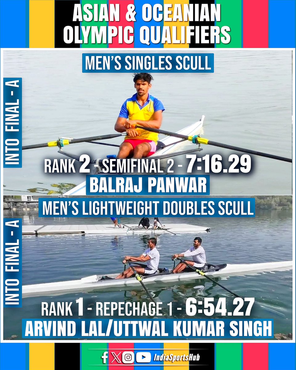 INTO THE FINAL 🚨 

✨Balraj in Men Single Scull 
✨Arvind/ Uttwal in Men Lightweight Doubles Scull

Both will be competing for #Paris2024 Quota in Final

#AsianQualifiers #Rowing