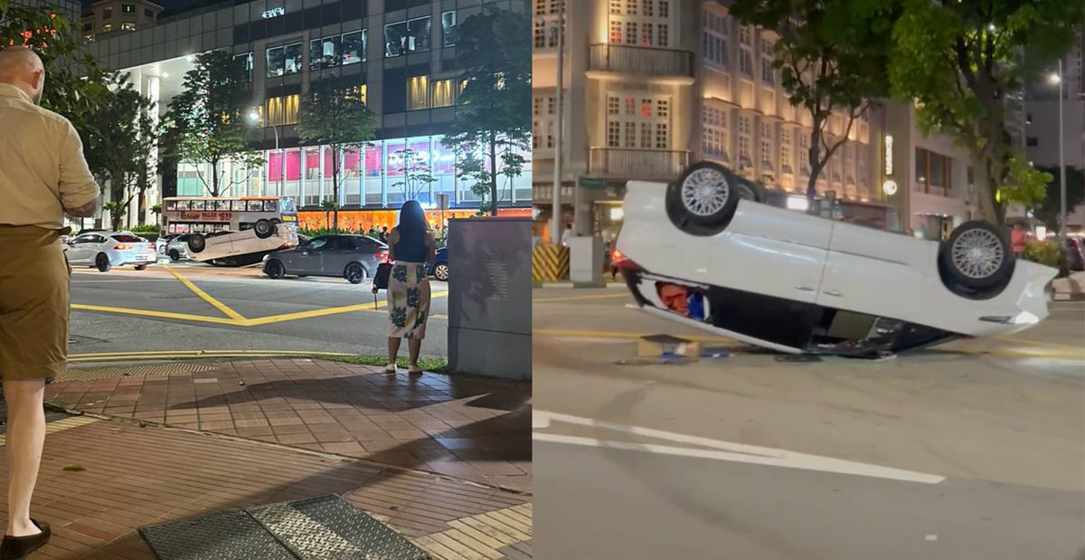 White car overturns in Eu Tong Sen Street accident, man, 43, arrested for drink driving bit.ly/4471AWp