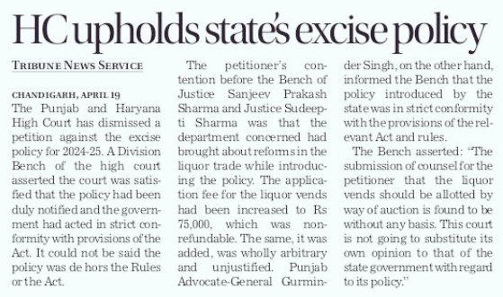 🔥This is BIG BIG WIN.🔥

-The same liquor policy which was termed as Illegal or scam is running  in Punjab.

-Vested Interest against progressive policy to Curb the liquor mafia & revenue to Govt Coffers.

-Had filed cases in HC 

HC asserted it's Good policy & Its as per Norm.