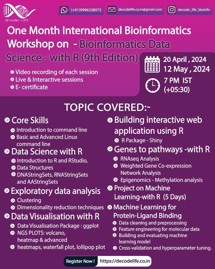 👨‍🏫 From today evening 7 PM IST - One Month International Bioinformatics Workshop by Decode Life. 💥 Bioinformatics Data Science with R - 9th Ed 💥 🗓 Duration: 20 April -12 May, 2024 ✍️ Registration Link - decodelife.co.in