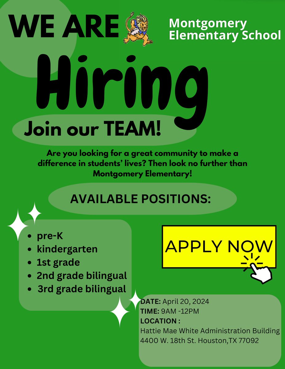D. Sockwell (@dlsockwe) on Twitter photo Come join the <a href="/HISDMontgomery/">Montgomery Elem.</a> family and roar into excellence!🦁
See you at the @TeamHISD hiring event today! Come join the <a href="/HISDMontgomery/">Montgomery Elem.</a> family and roar into excellence!🦁
See you at the @TeamHISD hiring event today!