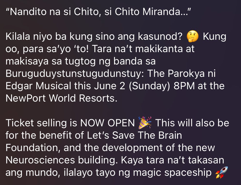 jpdmalanog's tweet photo. ❗️❕Ticket selling is NOW OPEN 🎉 ❕❗️

Buruguduystunstugudunstuy: The Parokya ni Edgar Musical this June 2 (Sunday) 8PM at the NewPort World Resorts.

LINK HERE:
https://t.co/g4XFOzHErA https://t.co/v7Qt2lwIze