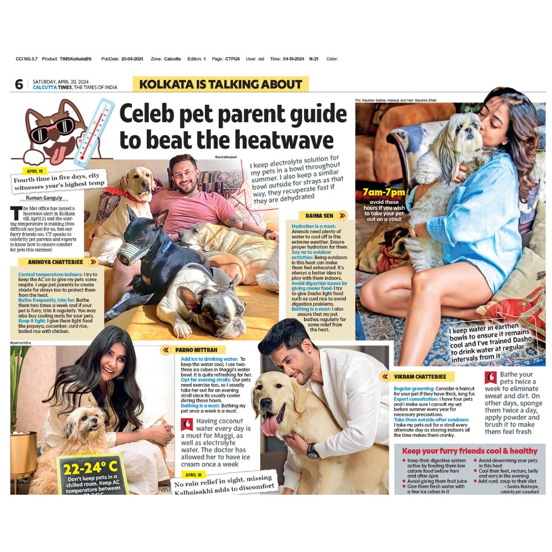 Celeb pet parents guide to beat the heatwave. Take a look. Raima Sen's picture credit: @kaustavsaikia Makeup and hair: Sayanta Dhali #petparents #heatwave #celeb #calcuttatimes @andyact @raimasen @VikramChatterje @parnomittra