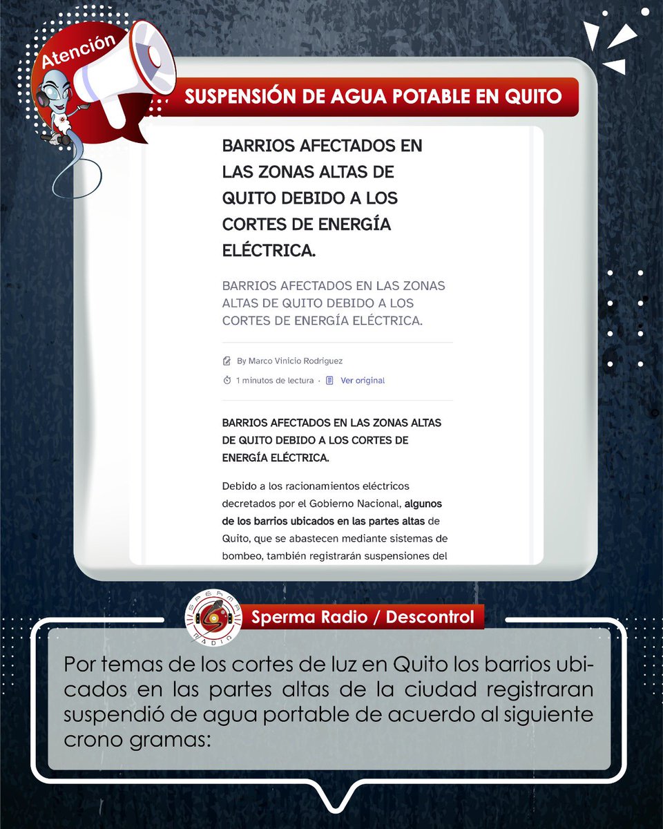 spermaradio_com's tweet photo. 🚨Alerta estos son los #horarios de #suspensiondeagua en #Quito para este sábado 20 y domingo 21 de abril de 2024.
Visiten la página de la @aguadequito:
https://t.co/o5heoTb5KC
#sinagua #aguapotable #spermaradio #fyp #viral #parati #postviral #Descontrolec #atención #alerta https://t.co/To93h4KgW2