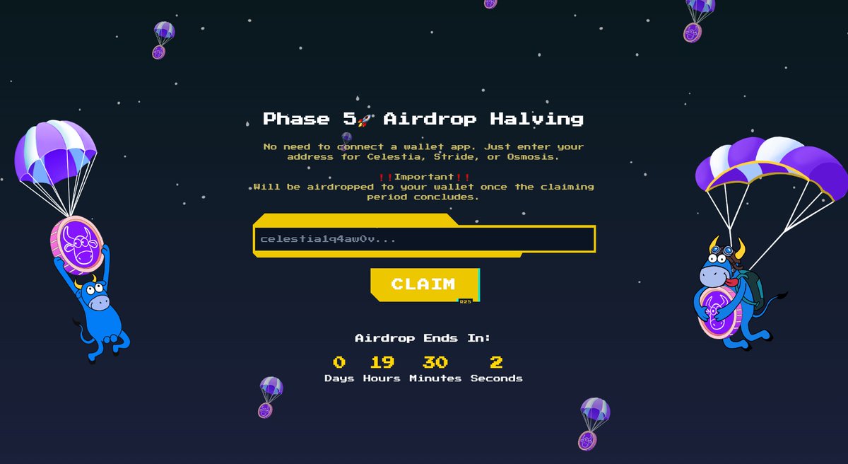 Airdrops_one's tweet image. About 19 hours left to claim $TORO Meme Airdrop 🪂 from @TheToroCoin

➡️Eligibility and Min Staking Requirements

🔸 $TIA Stakers - 2 $TIA
🔸 $stTIA Holders - 2 $stTIA
🔸 $milkTIA Holders - 2 $milkTIA

📸Snapshots

✅ @CelestiaOrg: December 13, 2023, at 07:31:32 AM UTC
✅…