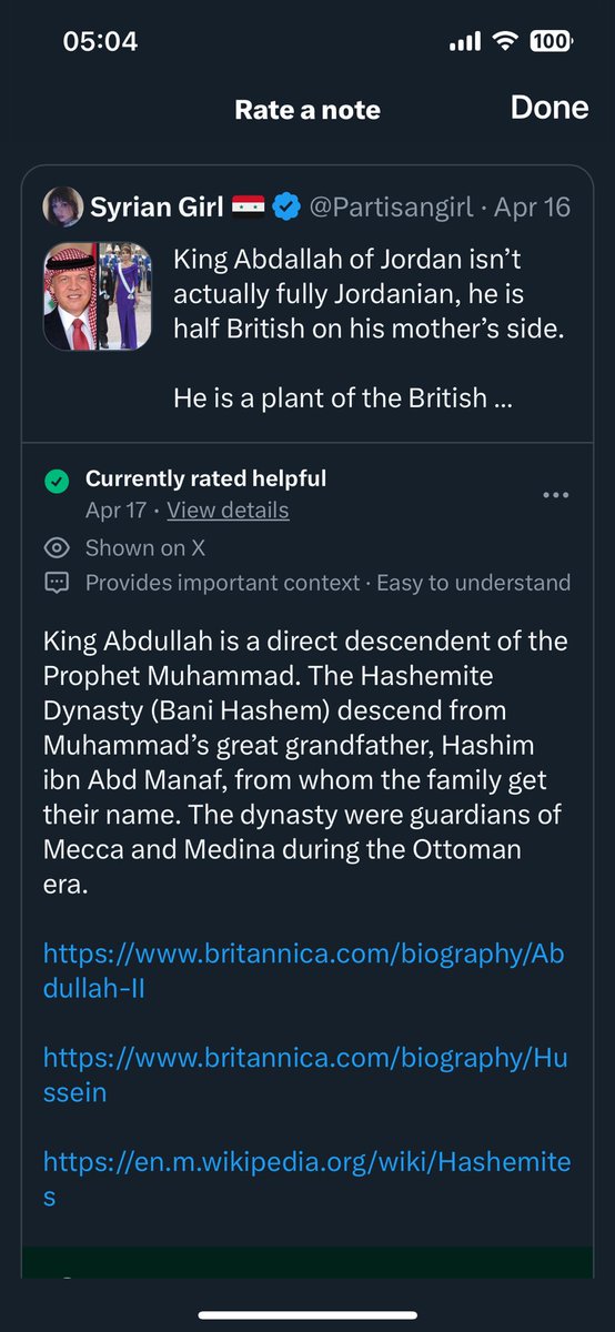 Joke of the day .

 A post got community note just to explain the zi0nist king Abdallah was a decendant of Prophet Mohammad (PBUH).

Doesn't change the fact that he is a Zi0n!st puppet.

All Muslims h@te you king Abdullah. 

#Jordan #GazaGenocides
#Gaza_War #GazaGaza #Israel