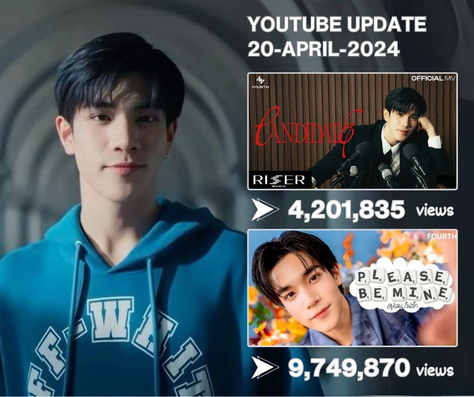 YOUTUBE VIEWS UPDATE
20-April-2024

เทคะแนน (CANDIDATE) - FOURTH [ OFFICIAL MV ]
🖇️youtu.be/4hXNXb6o7y8?fe…

อยู่เฉย ๆ ก็น่ารัก (Please Be Mine) - FOURTH
🖇️youtu.be/nVdQ5UkVNaA?fe…

@tawattannn 
#Fourthnattawat
#โฟร์ทณัฐวรรธน์