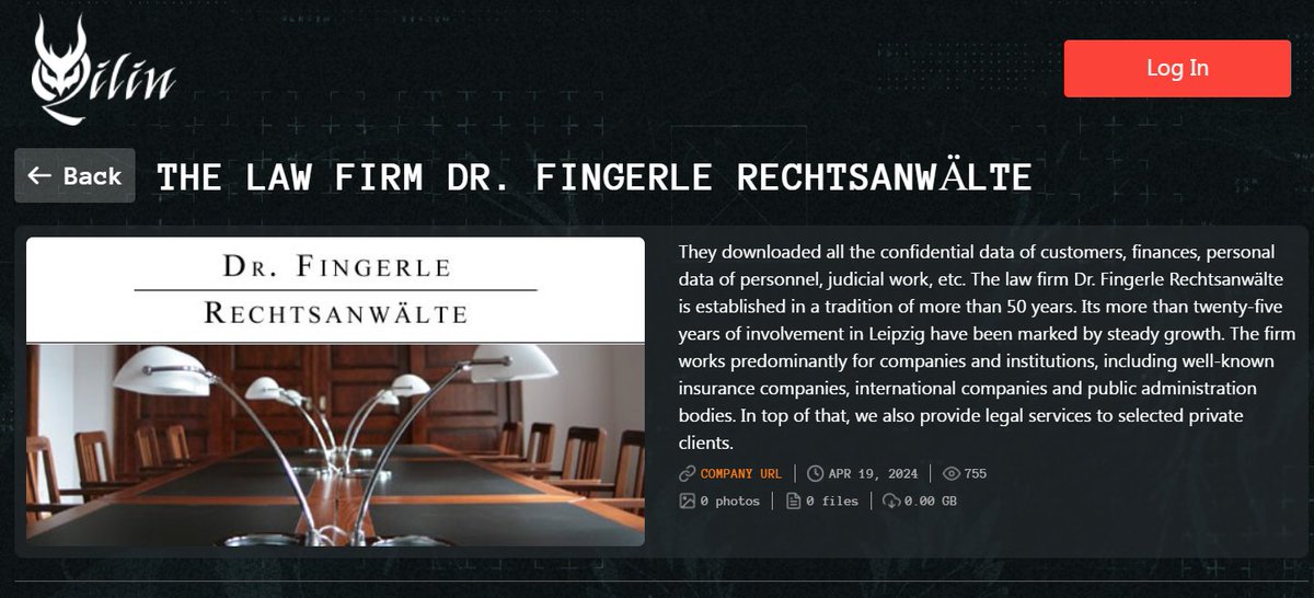 Qilin #ransomware group has added The Law firm Dr. Fingerle Rechtsanwälte (dr-fingerle.de) to their victim list. #Germany #qilin #darkweb #databreach #cyberattack #cti