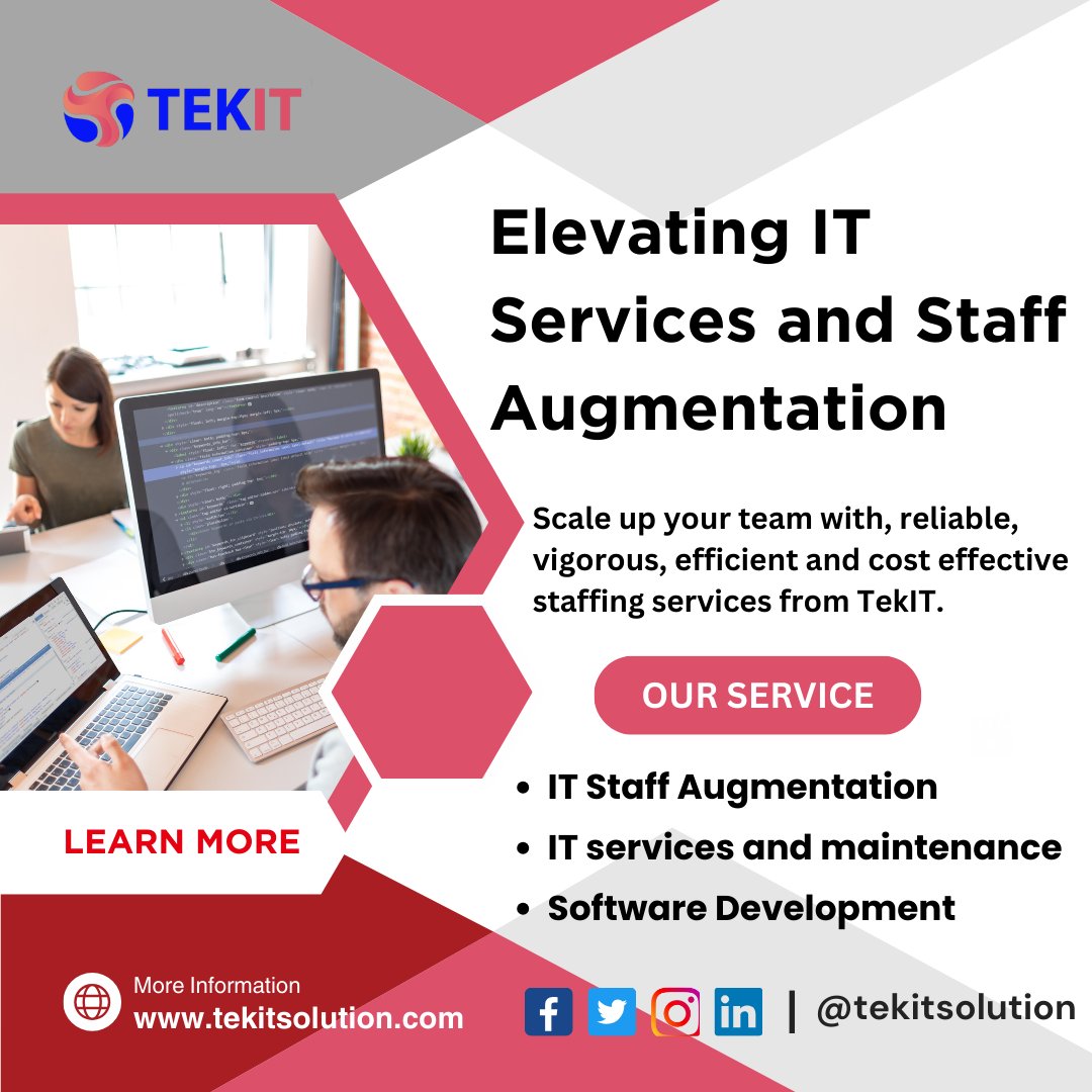 Elevating IT Services and Staff Augmentation

Scale up your team with, reliable, #vigorous, efficient and cost #effective staffing services from TekIT.

our service -
IT staff increase
IT Services and Maintenance
software development

#ITServices #StaffAugmentation