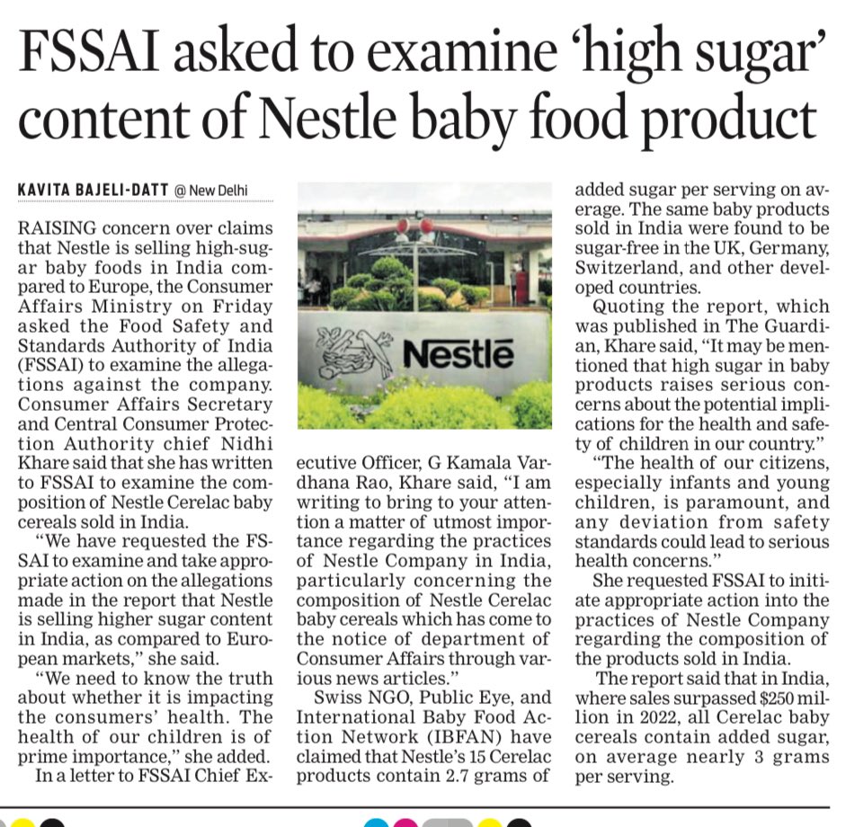 #FSSAI asked to examine claims against #Nestle for selling high-sugar baby foods in #India  Consumer Affairs Secretary Nidhi Khare writes to @fssaiindia to initiate action on the issue @NewIndianXpress @TheMornStandard @jagograhakjago @consaff @PIBConsumerFood @NestleIndia