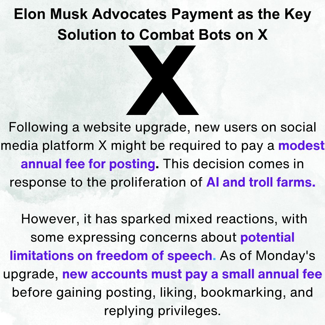 '🚀 Elon Musk's latest move on X: Payment as the ultimate bot combatant! 💰💥 A groundbreaking solution to a persistent problem. Let's revolutionize the fight against bots together! #ElonMusk #PaymentSolution #BotCombat'
