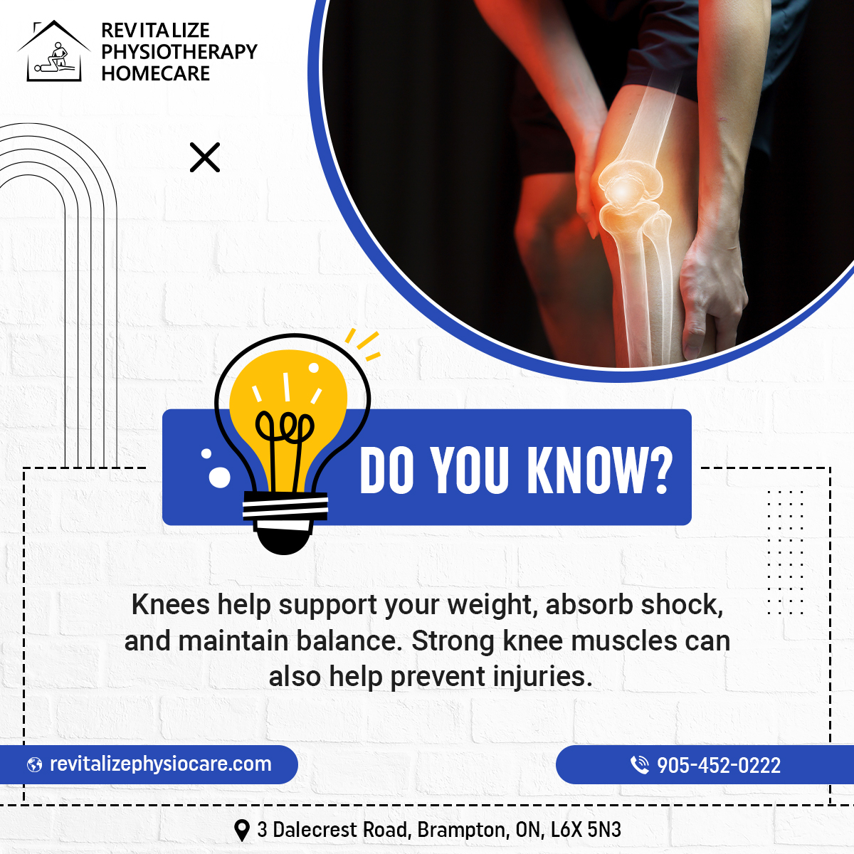 The muscles around your knee joint play a vital role in keeping you mobile and healthy. 

#RevitalizePhysiocare #mobilephysiotherapy #mississauga #brampton #bramptonphysiotherapist #physiotherapyathome #physiotherapy #muscle #wellness #healthfacts #kneemuscles #doyouknowfacts