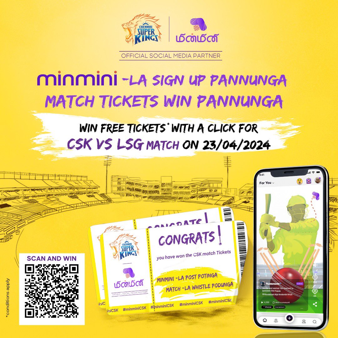 minminiapp's tweet photo. Participate in our Free IPL Ticket Contest and get a chance to watch Chennai Super Kings Vs Lucknow Super Giants IPL Match live..? 10 Winners will get 20 tickets!!! Contest link - https://t.co/SEjspG1zPP……………   
#minminicsk #ipl #ipl2024 #csk #whistlepodu #aroundyou #minminiapp #explore #tamilcommunity #hyperlocalsocialapp #connectingcommunties #tamilapp #contest #wintickets