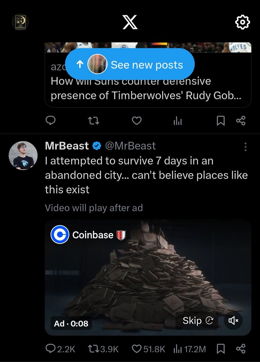 A MrBeast post with a crypto currency preroll ad forced into my 'Following' feed is peak enshitification. I do not follow MrBeast, and the post is not marked as an ad.