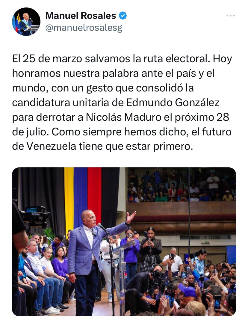 YSNALDAMADRIZ's tweet photo. #19/04/24
Día histórico para Venezuela la actitud heroica del gobernador @manuelrosalesg venció la "antipolitica" para poner de primera a la política de altura felicitaciones #orgullosa de pertenecer al @partidoUNT con   el  candidato  Edmundo González venceremos.
#UnidadYVoto https://t.co/L1FFdbIftm
