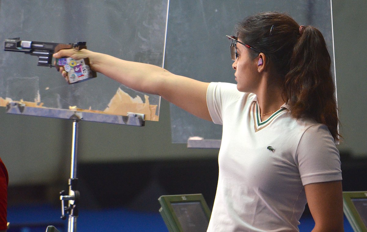 Manu Bhaker shot 47/50 to win the 25m Sports Pistol Olympic Trials at the Dr. Karni Singh Shooting Ranges in Delhi on Saturday.