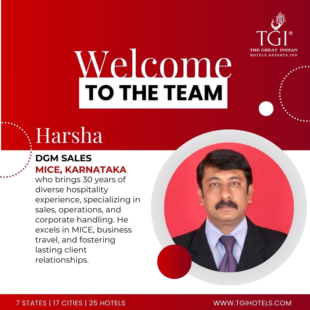 #TGIAnnouncements We're thrilled to welcome Mr. Harsha as our new DGM Sales, MICE, Karnataka! His expertise in sales and business travel is sure to drive success! 
#TeamTGI #10YearsofTGI #WelcomeHarsha #KarnatakaSales #MICELeadership #TeamTGI