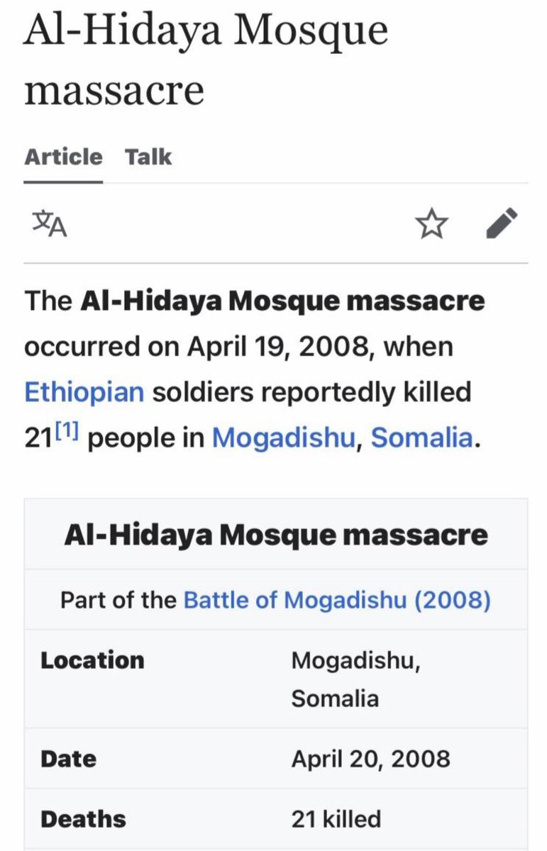 On this day 16 years ago:

The Ethiopian Army, invited by the apostate puppet regime, massacred 21 worshippers in Al-Hidaya Masjid in Muqdisho.