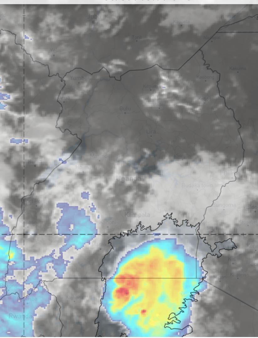 Weather 6hourly update: Areas around the lake Victoria basin, including all the regions of central, Eastern regions and southwestern are cloudy with isolated showers. Mid western has sunny intervals.