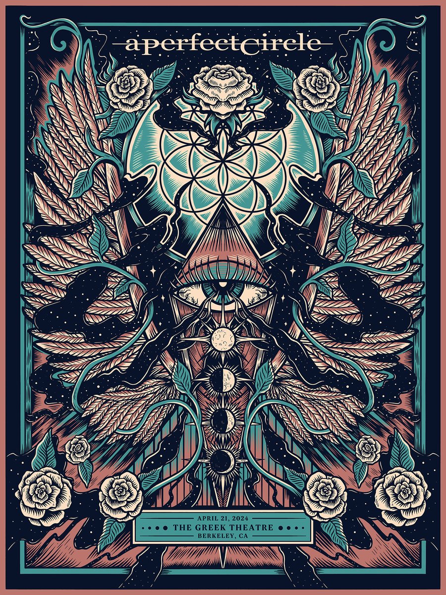 aperfectcircle's tweet photo. Tonight's poster for Berkeley, CA is designed by @samdunn. A limited number of 18”x 24” silkscreen posters will be available at the merch booth. Check out more of Sam Dunn’s work at https://t.co/6pSvbmdnfc. https://t.co/vT2sy8FLSo