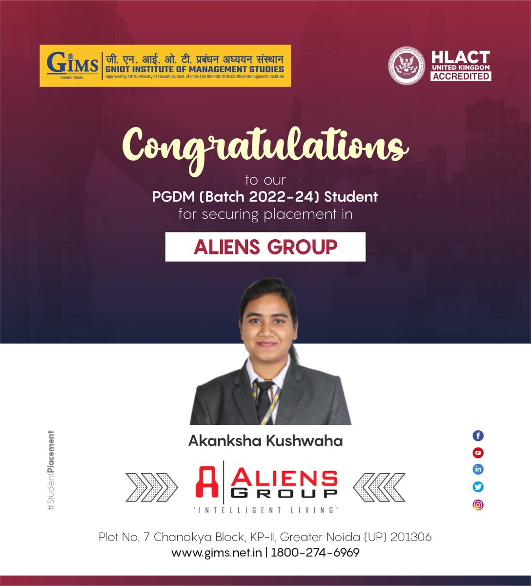 gims_net_in's tweet photo. GIMS, Greater Noida proudly announces the selection of its PGDM 2022-24 Batch student in Aliens Group. We wish her the best for her bright corporate journey!
 
 Visit our Website: https://t.co/0ycE9DbsKX
Toll Free No.: 18002746969
 
#gims #gniot #gimsian #finalplacements https://t.co/MOLiII21sq