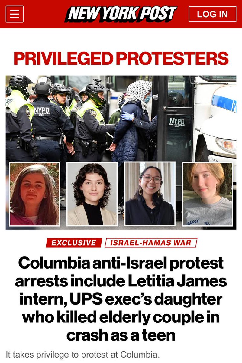 Democrats' kids are a national security threat 😳 Columbia anti-Israel protest arrests include Letitia James intern, UPS exec’s daughter who killed elderly couple in crash as a teen nypost.com/2024/04/19/us-…