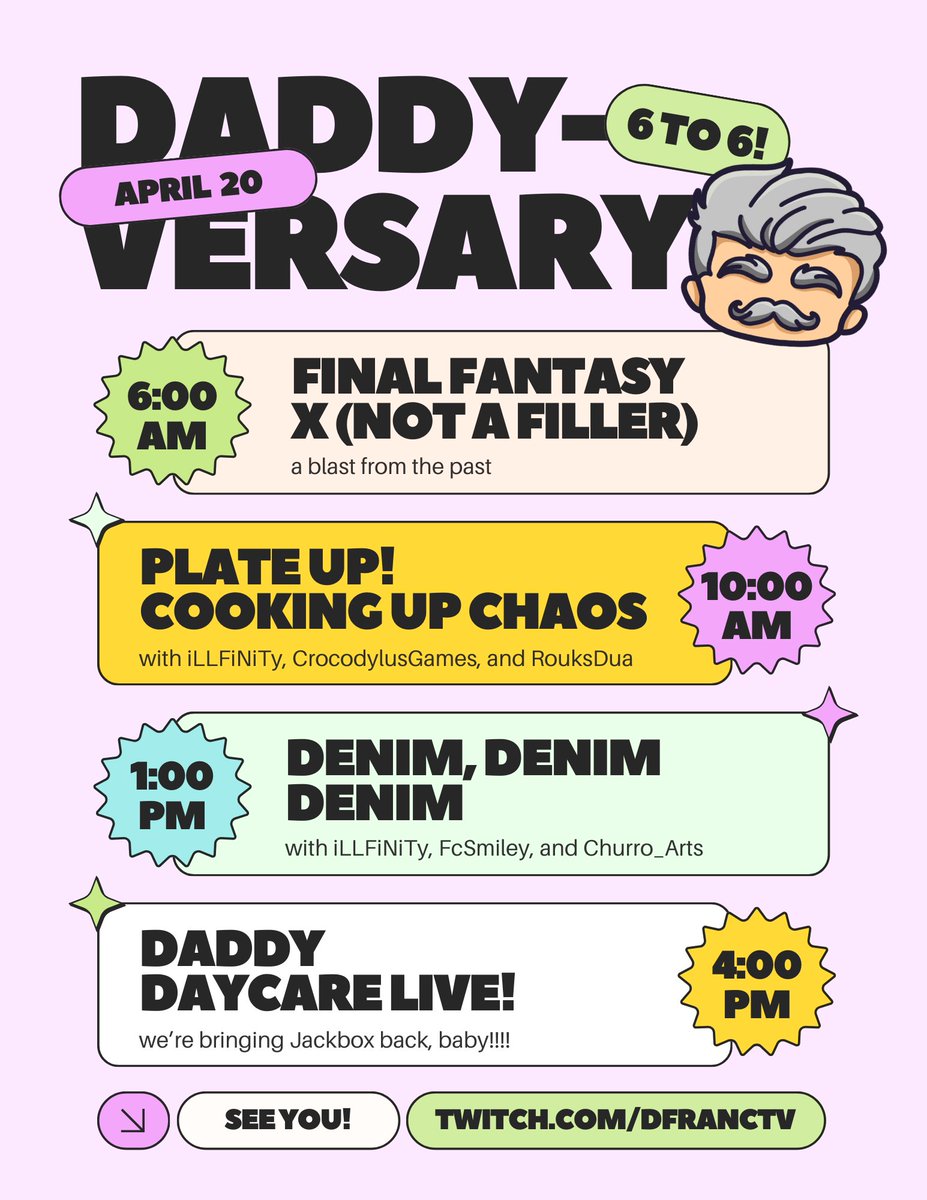 HAPPY 4 YEARS, DADS~

Come celebrate with me and buncha other daddios with games and stuff <3 

Going live at 6AM MST!
twitch.com/dfranctv