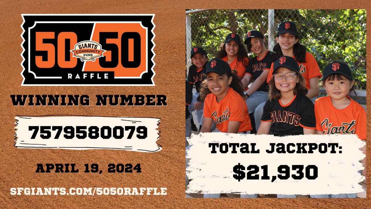 Congratulations to the 50/50 Raffle winner for tonight's game against the Diamondbacks! If you have the winning number, please email 5050raffle@sfgiants.com to claim your prize.